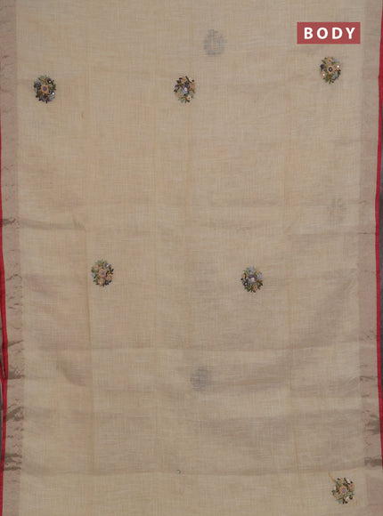 Linen saree beige grey and maroon with embroidery buttas and embroidery pallu