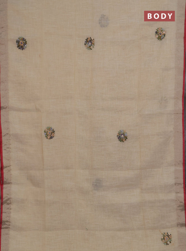 Linen saree beige grey and maroon with embroidery buttas and embroidery pallu