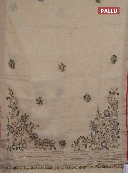 Linen saree beige grey and maroon with embroidery buttas and embroidery pallu