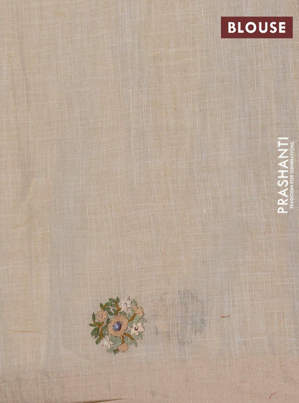 Linen saree beige grey and maroon with embroidery buttas and embroidery pallu