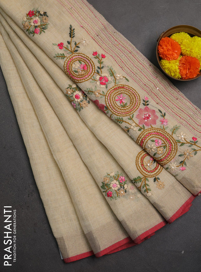 Linen saree beige pink and maroon with embroidery buttas and embroidery pallu
