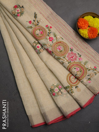 Linen saree beige pink and maroon with embroidery buttas and embroidery pallu