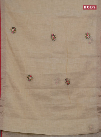 Linen saree beige pink and maroon with embroidery buttas and embroidery pallu