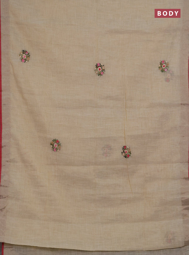 Linen saree beige pink and maroon with embroidery buttas and embroidery pallu