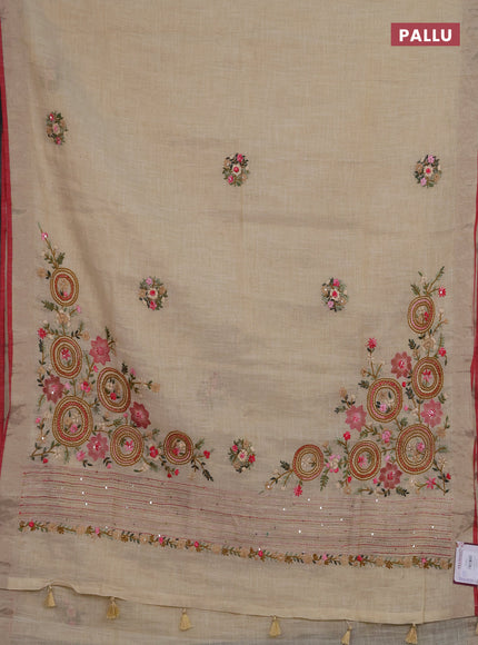 Linen saree beige pink and maroon with embroidery buttas and embroidery pallu