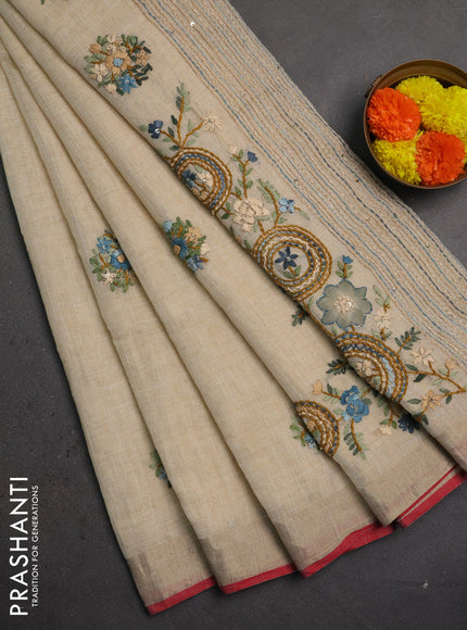 Linen saree beige pastel green and maroon with embroidery buttas and embroidery pallu