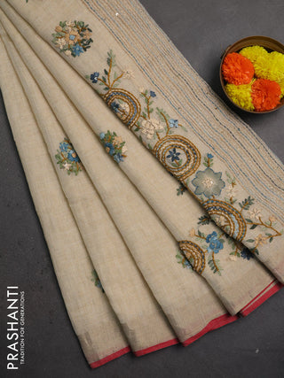 Linen saree beige pastel green and maroon with embroidery buttas and embroidery pallu