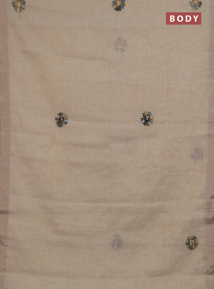 Linen saree beige pastel green and maroon with embroidery buttas and embroidery pallu
