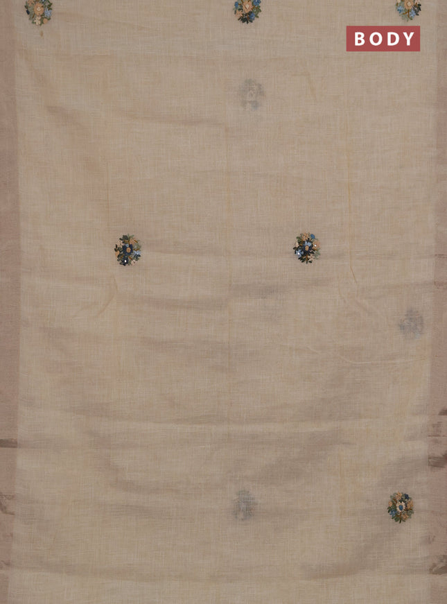 Linen saree beige pastel green and maroon with embroidery buttas and embroidery pallu