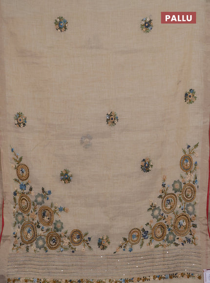 Linen saree beige pastel green and maroon with embroidery buttas and embroidery pallu
