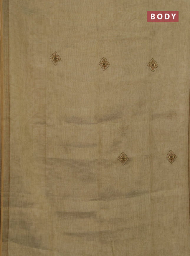 Linen saree mehendi green with embroidery buttas and embroidery pallu