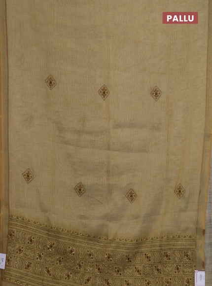 Linen saree mehendi green with embroidery buttas and embroidery pallu