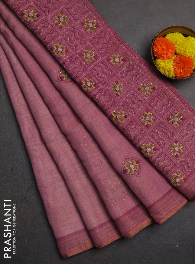 Linen saree pastel pink with embroidery buttas and embroidery pallu