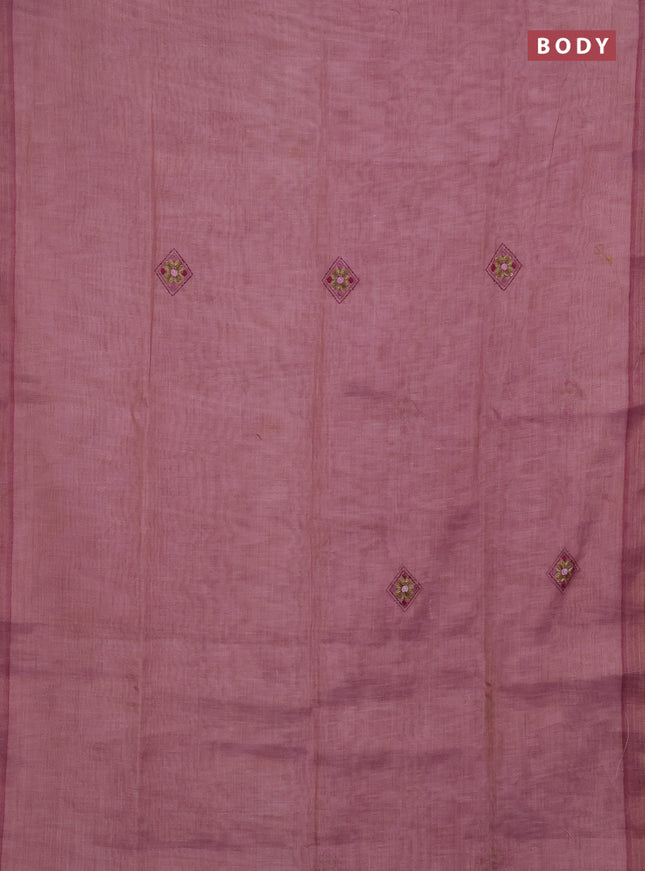 Linen saree pastel pink with embroidery buttas and embroidery pallu