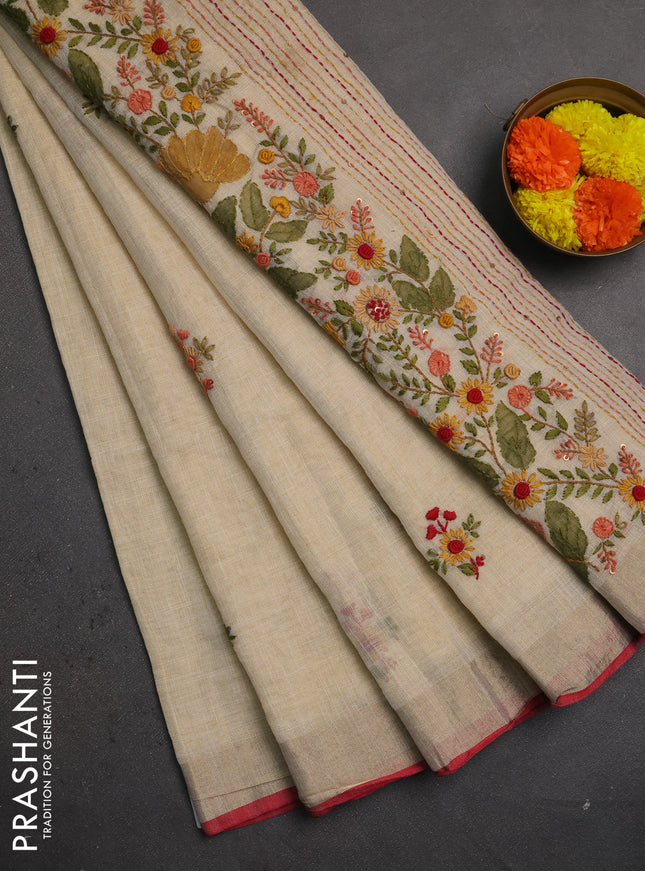 Linen saree beige and red with embroidery buttas and embroidery pallu
