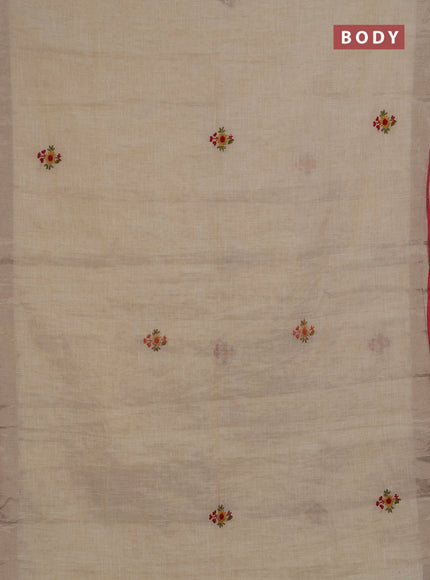Linen saree beige and red with embroidery buttas and embroidery pallu