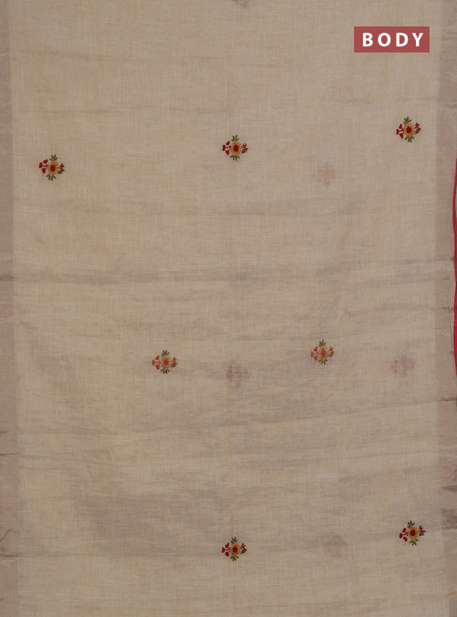 Linen saree beige and red with embroidery buttas and embroidery pallu