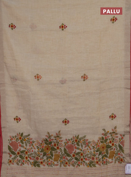 Linen saree beige and red with embroidery buttas and embroidery pallu