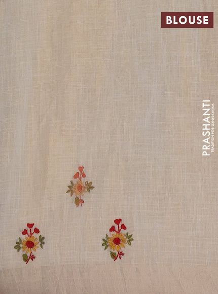 Linen saree beige and red with embroidery buttas and embroidery pallu