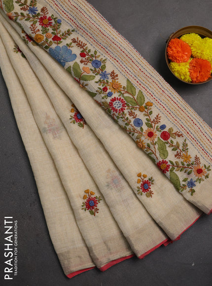 Linen saree beige and red with embroidery buttas and embroidery pallu