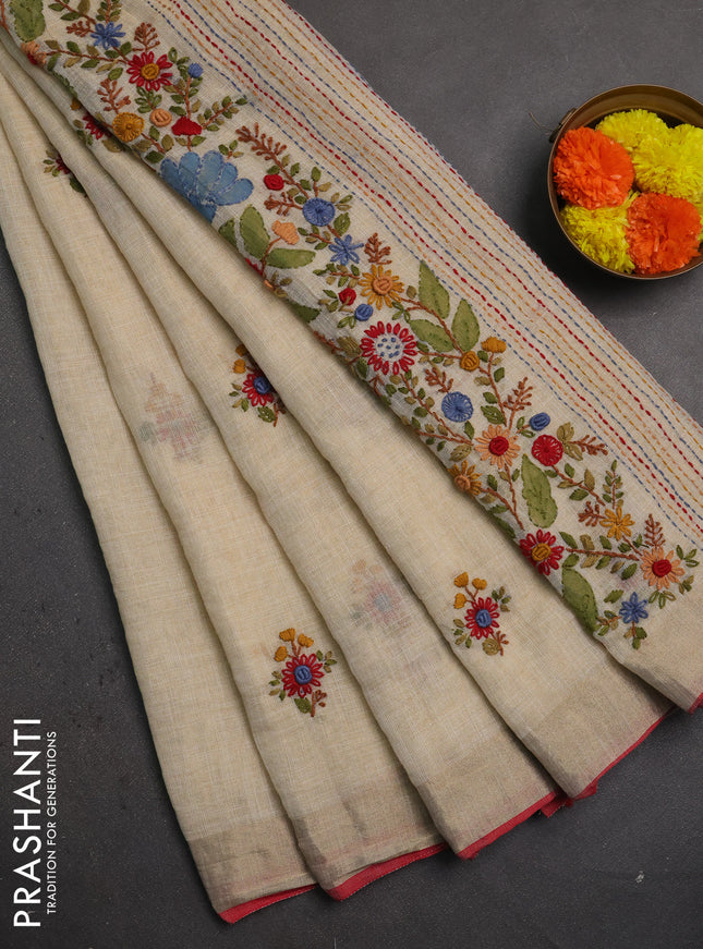 Linen saree beige and red with embroidery buttas and embroidery pallu