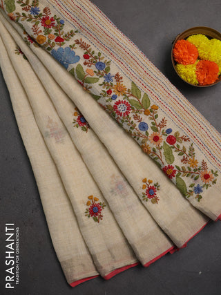 Linen saree beige and red with embroidery buttas and embroidery pallu