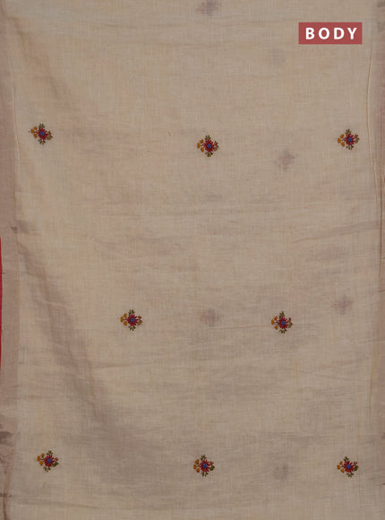 Linen saree beige and red with embroidery buttas and embroidery pallu
