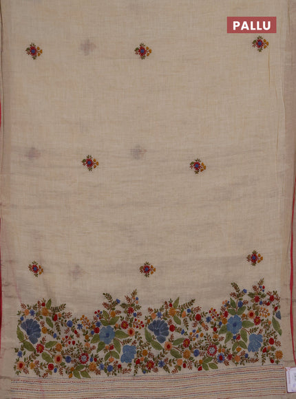 Linen saree beige and red with embroidery buttas and embroidery pallu