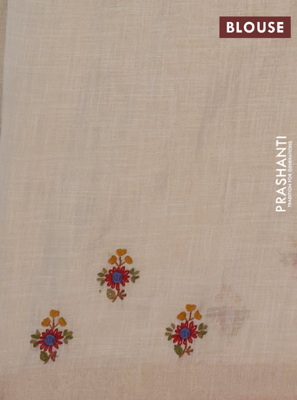 Linen saree beige and red with embroidery buttas and embroidery pallu
