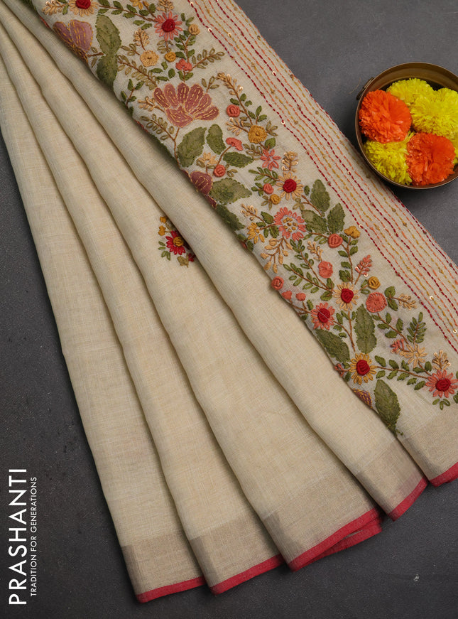 Linen saree beige and red with embroidery buttas and embroidery pallu