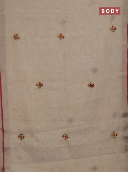 Linen saree beige and red with embroidery buttas and embroidery pallu