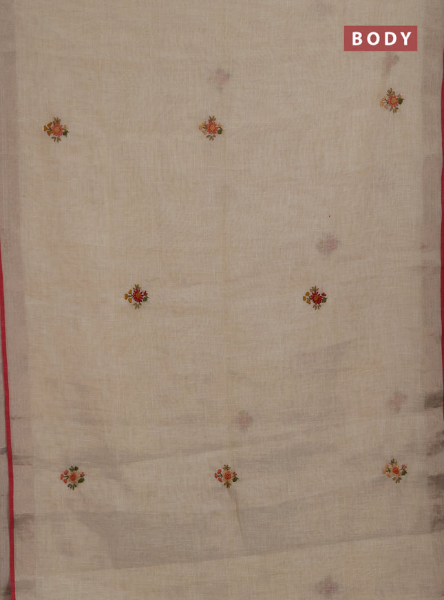 Linen saree beige and red with embroidery buttas and embroidery pallu