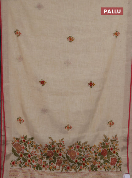 Linen saree beige and red with embroidery buttas and embroidery pallu