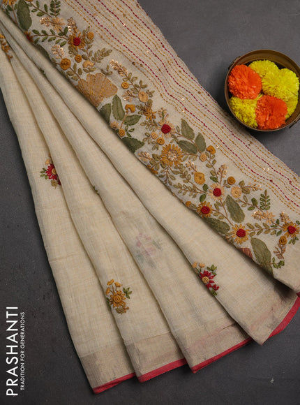 Linen saree beige and maroon with embroidery buttas and embroidery pallu
