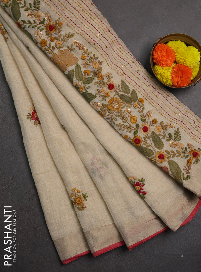 Linen saree beige and maroon with embroidery buttas and embroidery pallu
