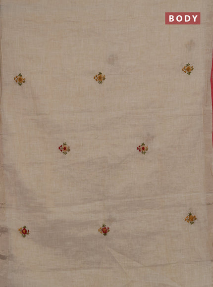 Linen saree beige and maroon with embroidery buttas and embroidery pallu