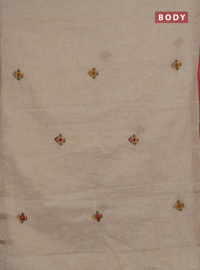 Linen saree beige and maroon with embroidery buttas and embroidery pallu