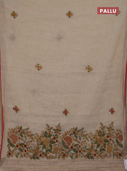 Linen saree beige and maroon with embroidery buttas and embroidery pallu
