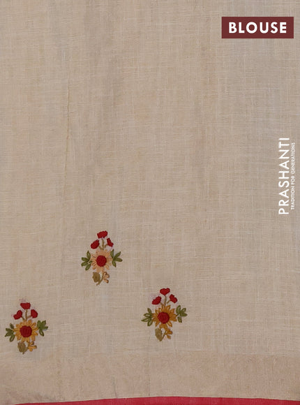 Linen saree beige and maroon with embroidery buttas and embroidery pallu