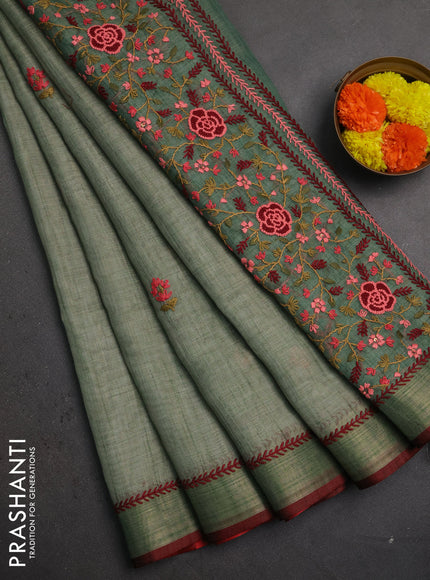 Linen saree pastel green and maroon with embroidery buttas and embroidery pallu