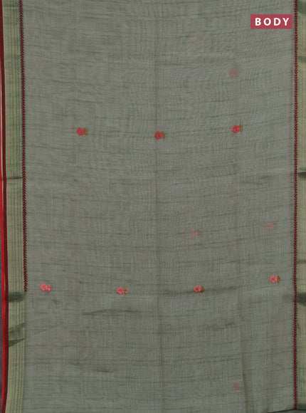 Linen saree pastel green and maroon with embroidery buttas and embroidery pallu