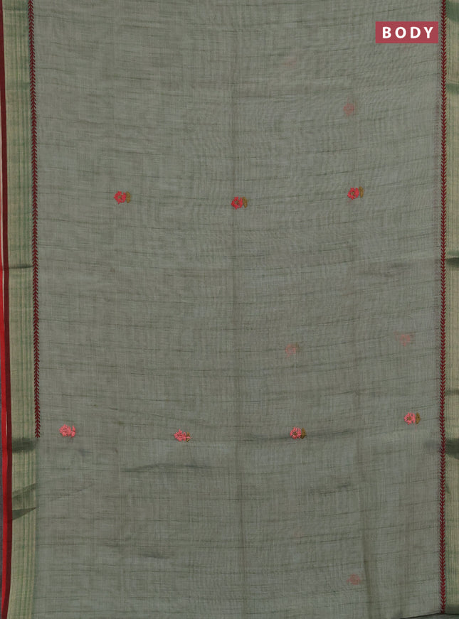 Linen saree pastel green and maroon with embroidery buttas and embroidery pallu