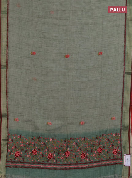 Linen saree pastel green and maroon with embroidery buttas and embroidery pallu