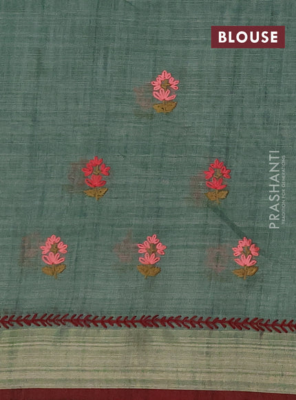 Linen saree pastel green and maroon with embroidery buttas and embroidery pallu