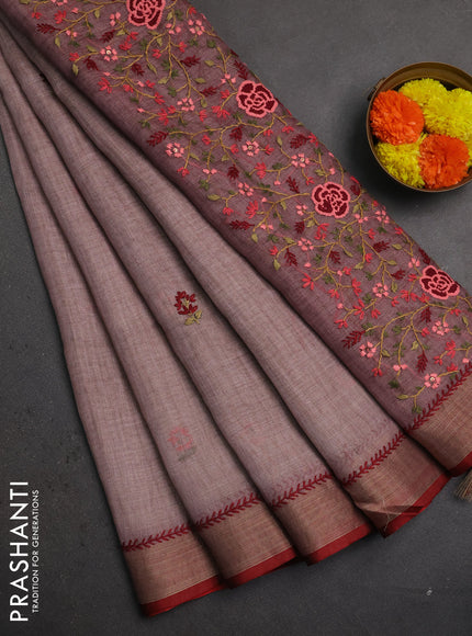 Linen saree pastel pink and maroon with embroidery buttas and embroidery pallu