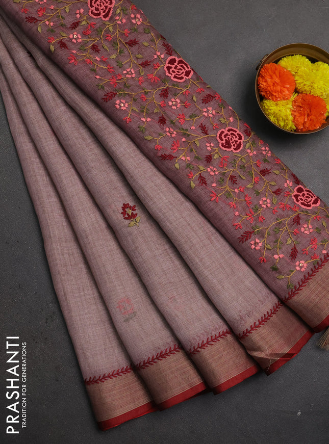 Linen saree pastel pink and maroon with embroidery buttas and embroidery pallu