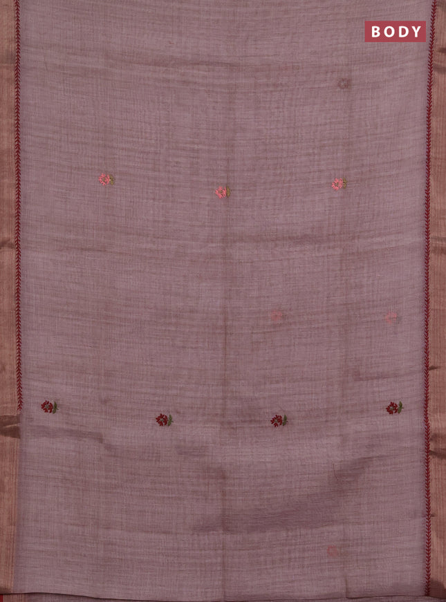 Linen saree pastel pink and maroon with embroidery buttas and embroidery pallu