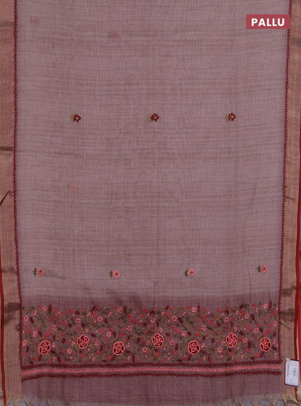 Linen saree pastel pink and maroon with embroidery buttas and embroidery pallu