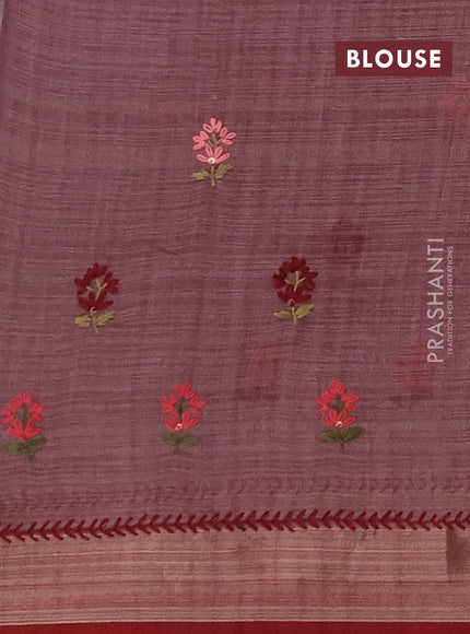 Linen saree pastel pink and maroon with embroidery buttas and embroidery pallu