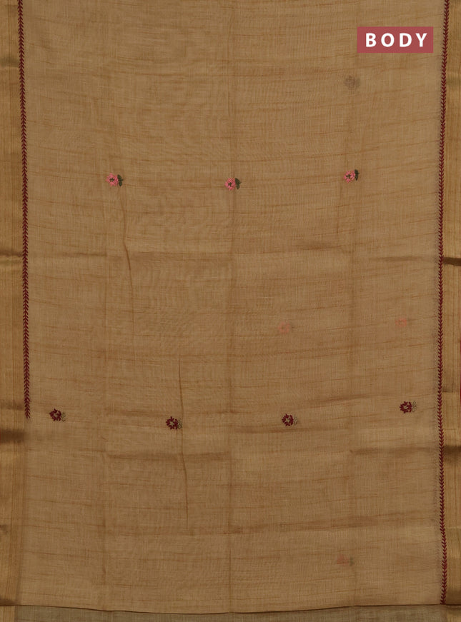 Linen saree dark mustard and maroon with embroidery buttas and embroidery pallu